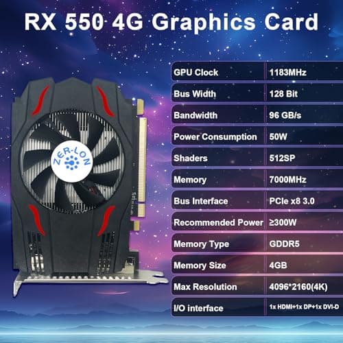 AMD Radeon RX 550 Graphics Card, 4GB GDDR5 128 Bit 1183MHz DP HDMI DVI-Output GPU, PCIE 3.0 Computer Gpu Support Up to 4K Video Card for Office and PC Gaming