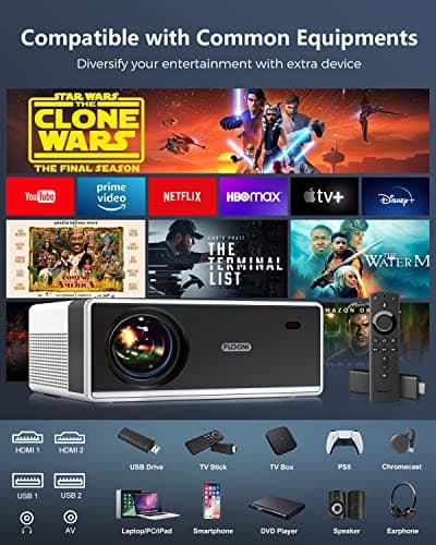 FUDONI Projector with WiFi and Bluetooth, Outdoor Portable 4K Support Projector 18000L HD 1080P Max 300" Display Zoom, Movie Video Home Theater Projector Compatible w/HDMI/USB/Phone/Laptop/TV Stick