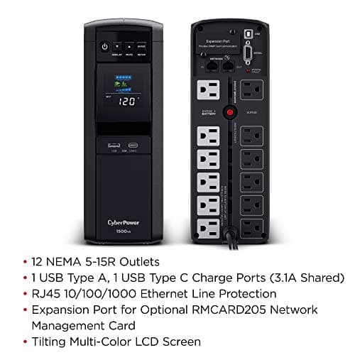 CyberPower CP1500PFCLCD PFC Sinewave UPS System, 1500VA/1000W, 12 Outlets, AVR, Mini Tower,Black
