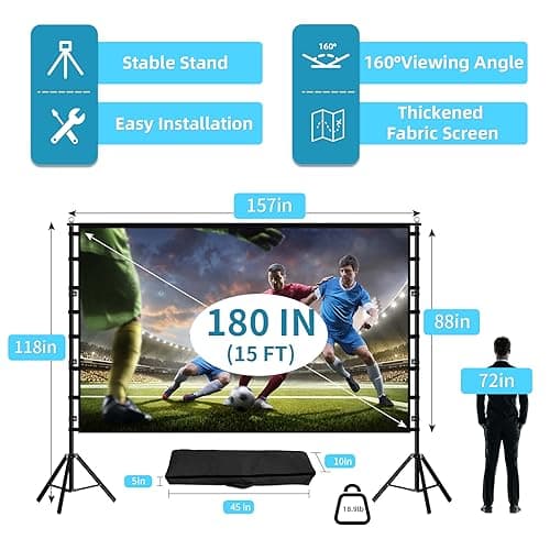 Projector Screen and Stand,TOWOND 180 inch Outdoor Projector Screen 15 FT Large Projection Screen, Portable 16:9 4K HD Rear Front Movie Screen with Carry Bag Wrinkle-Free Design for Backyard Theater