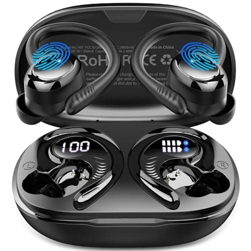 Wireless Earbuds Sport, 2025 Bluetooth 5.4 Headphones with Earhooks, 50H Stereo Deep Bass Over Ear Buds with 4 ENC Noise Canceling Mics, IP7 Waterproof Earphones for Running Workout Gym -Black