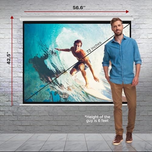 Pyle Manual Pull-Down Projector Screen - Universal 72-inch Roll-Down Retractable Manual Projection Screen w/ Auto-Locking, Adjustable Screen Height, Black Masking Border - 42.5" x 56.6" PRJSM7206