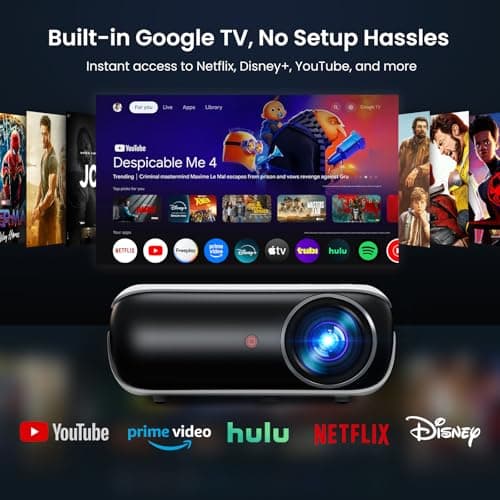 Official Licensed Google TV Smart Projector, HAPPRUN 4K UHD Home Theater with Dolby Sound, Wi-Fi & Bluetooth, Built-in Streaming Apps, Compatible with Games Consoles & Smartphone, Indoor & Outdoor Use