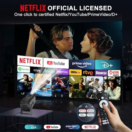 [ 2025 Netflix Licensed ] 4K Projector with Wifi Bluetooth, Android 13 Smart Projector w Built-in Netflix/YouTube/PrimeVideo/D+, Auto Keystone, 1080P Native Mini Portable Projector for Outdoor Movies
