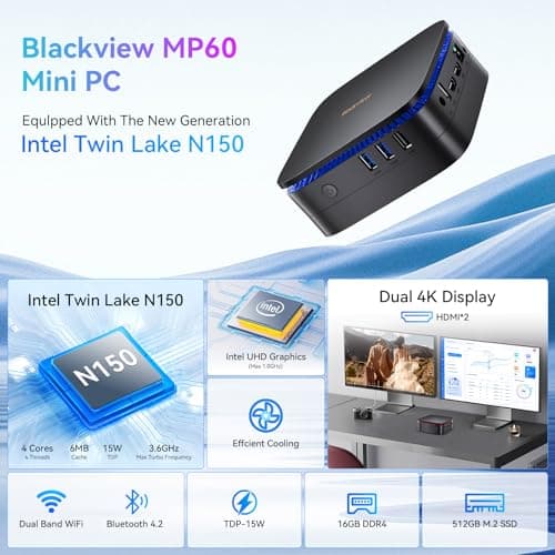 Blackview MP60 Mini PC with 13 Gen Intel N150, 16GB DDR4 512GB M.2 SSD Mini Desktop Computer, 4K Dual Display/2*HDMI, Big Fan+LED Breathing Light+Removable Base, VESA for Home&Office