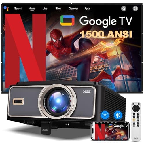 [1500 ANSI] Dess 4K Projector with WiFi 6 and Bluetooth, Home Outdoor Electric Stand Movie Proyector, Auto Focus & Keystone, Native 1080P, High Contrast, Smart Projector with Netflix & Google Tv