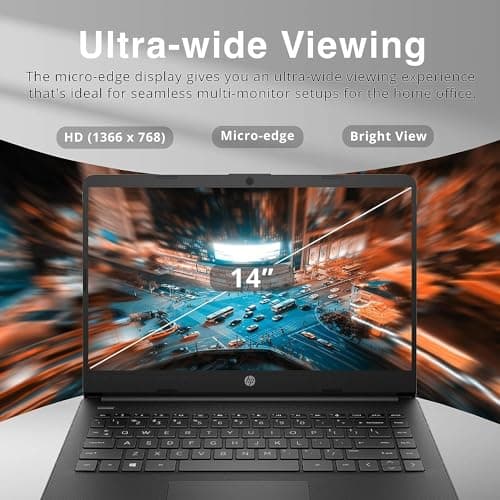 HP New 14" HD Ultra Light Thin Laptop, Quad-Core Intel Celeron Processor, 4GB RAM, 128GB (64GB eMMC+ 64GB Card), Wi-Fi, Upto 11 Hours, Windows 11 S + 1 Year Office 365+HubxcelAccessory, Black