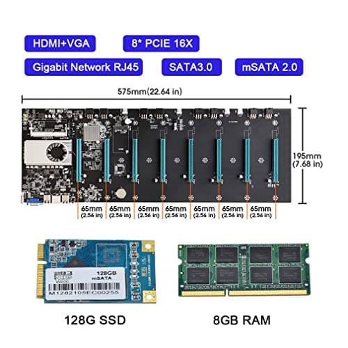 Mining Motherboard S37 with 8GB RAM and 128GB SSD DDR3 Memory Support 8 GPU VGA + HDMI 8XPCIE 16X Graph Card Gigabit Network RJ45 Port for BTC ETH Miner