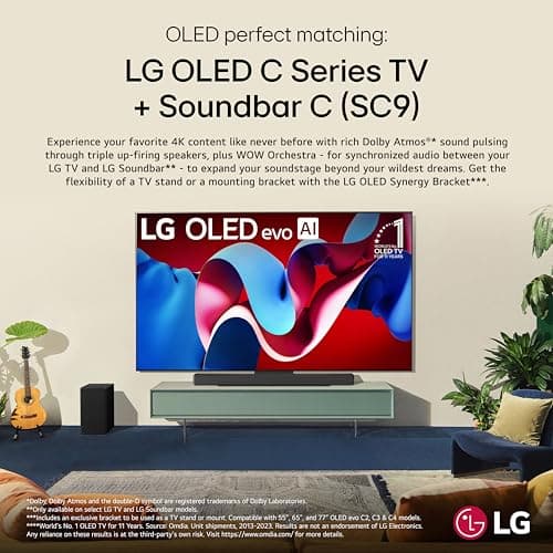 LG SC9S 3.1.3-Channel Perfect Matching Soundbar to the OLED evo C Series TV, Dolby Atmos, WOW Orchestra, WOWCAST Built-in with Wireless Dolby Atmos, Rear Speaker Ready, Wireless Subwoofer (2024 Model)