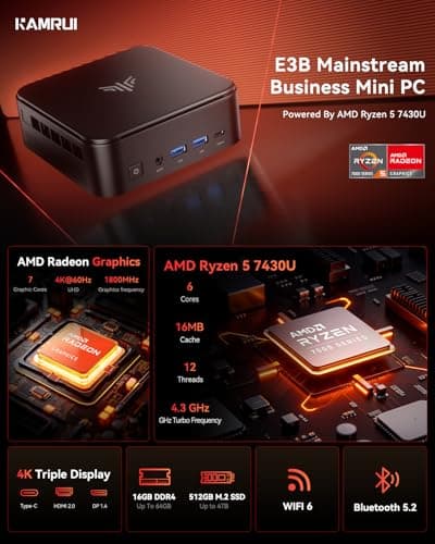 KAMRUI Mini Gaming PC, E3B 16GB RAM 512GB SSD Mini PC AMD Ryzen 5 7430U Micro Desktop Computers (Max 4.3GHz,6C/12T, Beat 5650U), Small Computer Support WiFi 6, BT5.2, Triple Display for Office Home
