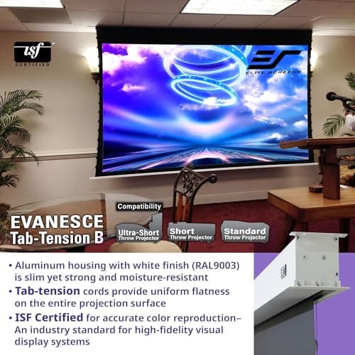 Elite Screens Evanesce Tab-Tension B, 120-inch 16:9, 4K / 8K HD, Recessed in-Ceiling Electric Tab Tensioned Projector Screen, Matte White Projection Screen Surface Programmed Remote Kit, ETB120HW3-E8