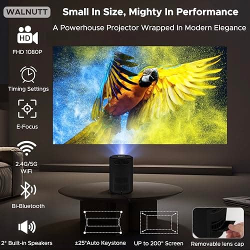 Mini Projector with Wifi and Bluetooth,Electric Focus 1080P 400ANSI Movie Projector,Walnutt 2025 Upgraded Portable Projector Auto Keystone Proyector Compatible with Smartphone/Laptop/TV Stick/HDMI/USB