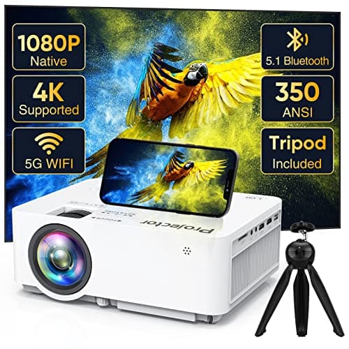 Native 1080P Projector with 5G WiFi Bluetooth and Tripod, 4K Supported Portable Home and Outdoor Movie Projector, Max 300" Display, Compatible with TV Stick, HDMI, Phone