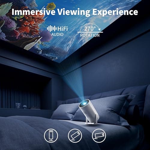 Mini Projector, 270° Rotation, Portable Projector 4K Support, Full HD 1080P Outdoor Movie Projector, Wired Screen Synchronize Max 200" Display, Compatible with Smartphone/TV Stick/Laptop/PS5/HDMI/USB