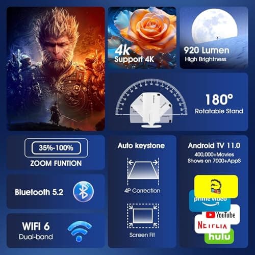 [Built-in App] Mini Projector 1080P FHD 4K Support Projector with Mouse Portable Projector with WiFi and Bluetooth 180° Adjustable Auto Keystone HDMI/TV Stick/PS5/Laptop, with HDMI Cable & Mouse