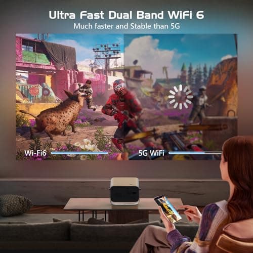 【Auto Focus/Keystone】4K Projector with WiFi and Bluetooth, 360° Rotating Movie Projector, Portable Projector with 200 ANSI, Outdoor Projector for Phone/PC/TV Stick/DVD/USB/HDMI