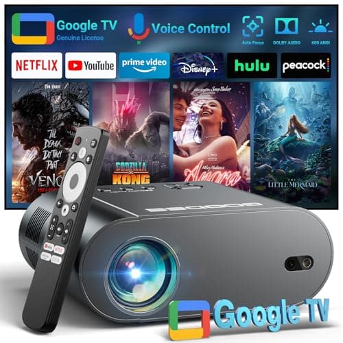 GooDee Smart 4K Projector with WiFi and Bluetooth, Google TV-Licensed Outdoor Movie Projector with Netflix / Prime Video / YouTube Built-in, Keystone Voice Control Home Theater