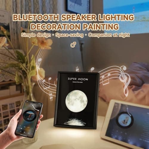 Super Moon Wireless Bluetooth Speaker Wall Art, LED Moon Light Decoration, Black Frame with Music Player Gift