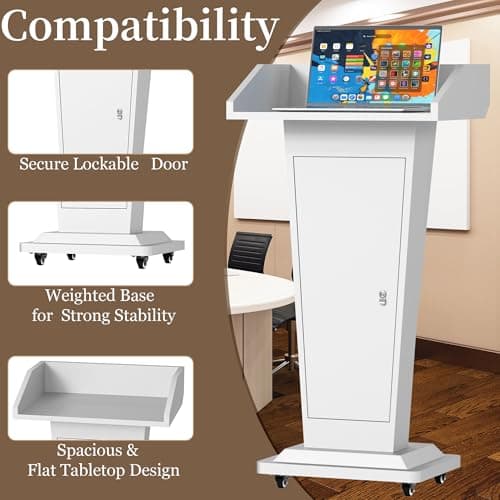 Heavy-Duty Black Metal Podium Stand with Lockable Wheels | Mobile Lectern with Storage Cabinet & Adjustable Height | for Conference Rooms, Churches, Classrooms & Events