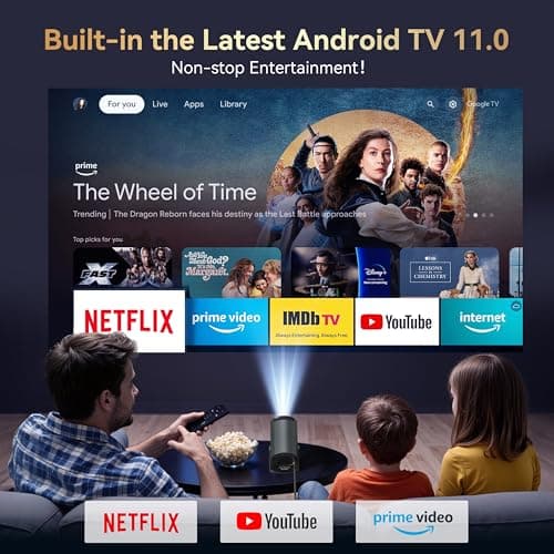Mini Projector Built in Android TV 11.0 Portable Smart Projector with Wifi and Bluetooth 210°Rotatable 1080P Support Short Throw Outdoor Auto Keystone 40''-150'' Screen Home Theater Projector