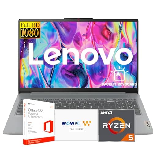 Lenovo Ideapad Slim 3 Laptop for Student & Business with Microsoft Office, Backlit Keyboard, AMD Ryzen 5 5625U (Beats Intel i7-1260U), 15.6" FHD Display, 16GB RAM 512GB SSD, Windows 11 Pro, WOWPC USB