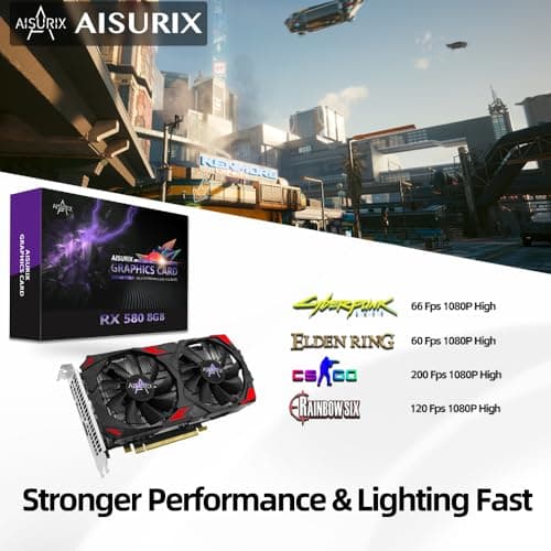 AISURIX RX 580 Graphics Card, 2048SP, Real 8GB, GDDR5, 256 Bit, Pc Gaming Video Card, 2XDP, HDMI, PCI Express 3.0 with Freeze Fan Stop for Desktop Computer Gaming Gpu
