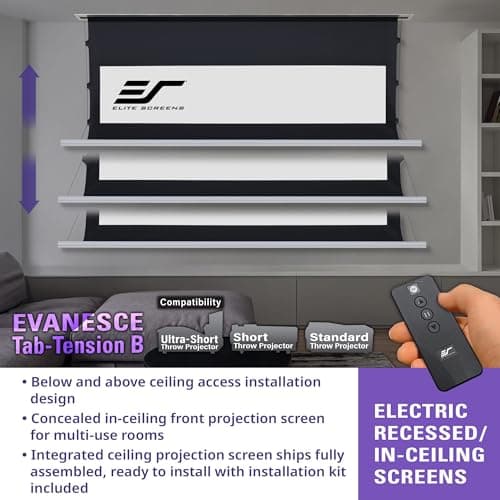 Elite Screens Evanesce Tab-Tension B, 120-inch 16:9, 4K / 8K HD, Recessed in-Ceiling Electric Tab Tensioned Projector Screen, Matte White Projection Screen Surface Programmed Remote Kit, ETB120HW3-E8