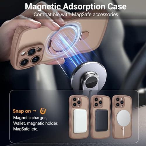 BENTOBEN for Magnetic iPhone 15 Pro Case, [Compatible with Magsafe] [Curly Wave Frame Design] Non-Slip Easier Grip Kickstand Ring Holder Protective Bumper Cute Girls Men Phone Cover, Desert Titanium