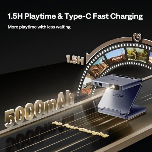 Aurzen ZIP Tri-Fold DLP Truly Mini Projector, Pocket Size, Zero-Lag Focus, One-Click Screen Mirroring, Full-Screen Mode, Type-C Fast Charging, 5,000mAh Battery, Indoor Outdoor Portable Projector, Blue