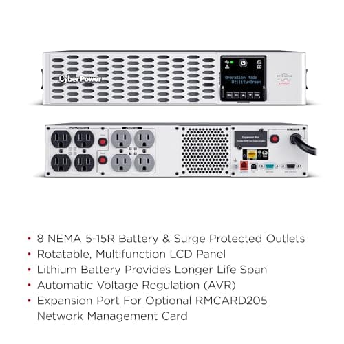 CyberPower PRL1500RT2UC Smart App Sinewave UPS System, 1500VA/1500W, 8 Outlets, 2U Rack/Tower, AVR, Lithium