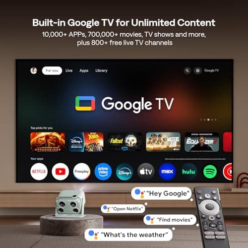BOOM mini 4-in-1 Smart Projector Built-in Google TV, 10,000+ Apps, Real-Time Focus & Keystone, 20W Speakers DoIby Audio, 500 ANSI Lumens Outdoor Movie Projector with WiFi and Bluetooth, Green