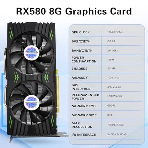 RX 580 Graphics Card 8GB 2048SP GDDR5 256 Bit PC Gaming Video Card 3*DP 1*HDMI PCI Express 3.0 with Freeze Fan Stop for Desktop Computer GPU for Gaming PC