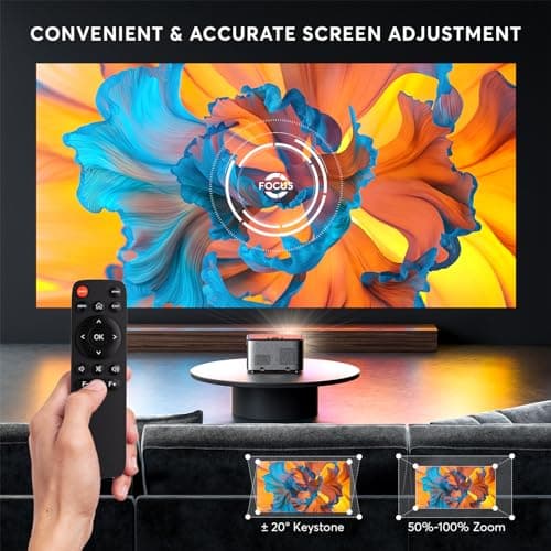 [2s Focus with Remote] PANSEBA 4K Projector, Native 1080P Bluetooth Projector, Portable Outdoor Movie Projector, Mini Projector for Home Theater, Compatible with Smartphone,HDMI,USB,TV Stick