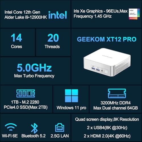 GEEKOM Mini PC XT12 Pro, with 12th Gen Intel i9-12900HK NUC12 Mini Computers(14C/20T,Up to 5GHz), 32GB RAM & 1TB PCIe Gen 4 SSD Mini PC Windows 11 Pro, 8K/Quad Display/USB4.0/WiFi 6E/BT5.2/2.5G LAN