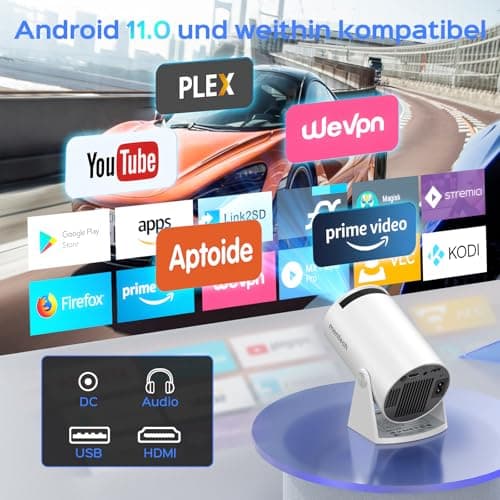 Mini Projector With WiFi and Bluetooth, 180 Rotatable Portable, 150" Smart With Android TV 11.0, 1080P Support 4K Decoding, 2.4G/5G WiFi6, Auto Keystone for Home Theater, White