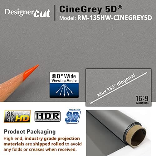 Elite Screens Designer Cut Series, 135-inch 16:9, 8K / 4K Ultra HD Ambient Light Rejecting DIY Raw Projector Screen Material, ISF Certified True ALR Capable Projection Screen, RM-135HW-CINEGREY5D