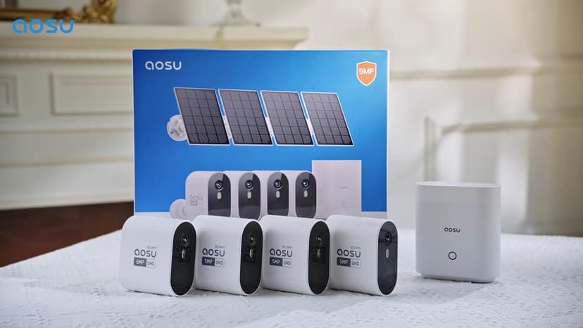 AOSU 3K/5MP Solar Security Cameras Outdoor Wireless, Ultra HD Video Home Security System 4-Cam Kit with 166° Ultra Wide Angle, Cam-to-Cam Sync, Color Night Vision, Spotlight & Siren, No Monthly Fees