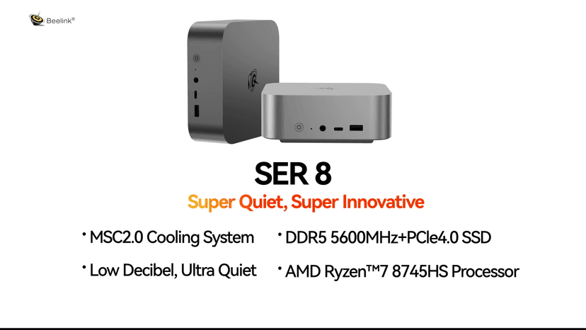 Beelink Mini PC, AMD Ryzen 7 8745HS(8C/16T, up to 4.9GHz), 24GB DDR5 RAM 1TB PCle4.0 SSD, SER8 Mini Computer Support 4K@144Hz, Tirple Display, HDMI+DP, WiFi6, BT5.2, USB4