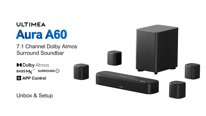 ULTIMEA 7.1ch Sound Bar with Dolby Atmos, Surround Sound System for TV with 4 Surround Speakers, Sound Bar for Smart TV with App Control, Soundbar with Subwoofer for Home Theater, HDMI eARC, Aura A60
