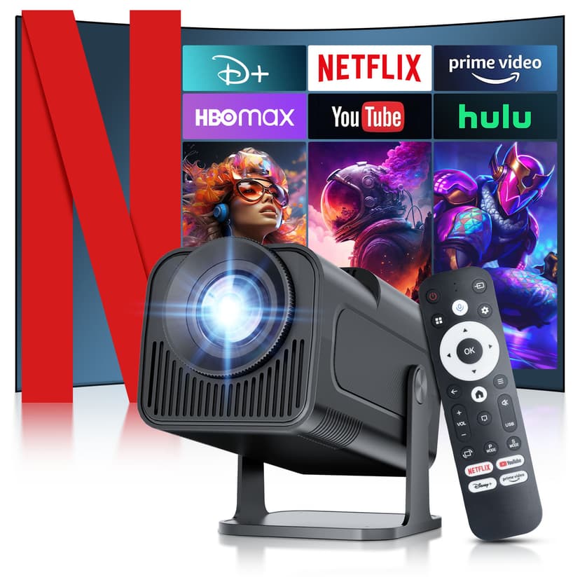 [ 2025 Netflix Licensed ] 4K Projector with Wifi Bluetooth, Android 13 Smart Projector w Built-in Netflix/YouTube/PrimeVideo/D+, Auto Keystone, 1080P Native Mini Portable Projector for Outdoor Movies