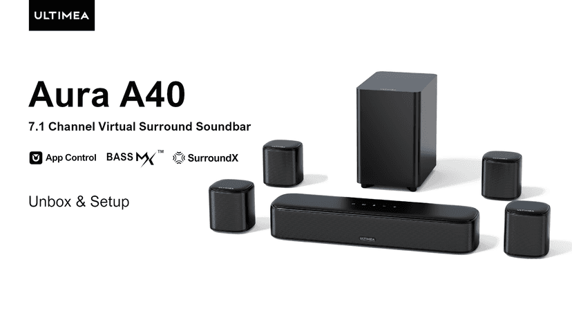 ULTIMEA 7.1ch Virtual Surround Sound Bar, Sound Bar for Smart TV with 4 Surround Speakers, Peak Power 330W, Surround Sound System for TV, App Control, TV Soundbar with Subwoofer, Opt/AUX/BT, Aura A40