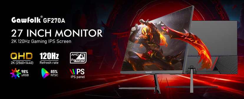 Gaming Monitor 27 inch QHD IPS, PC Screen 120Hz 2K (2560×1440P), Ultra-Thin Zero Frame Computer Display for Home Office Business, DP, HDMI, Wall-Mounted