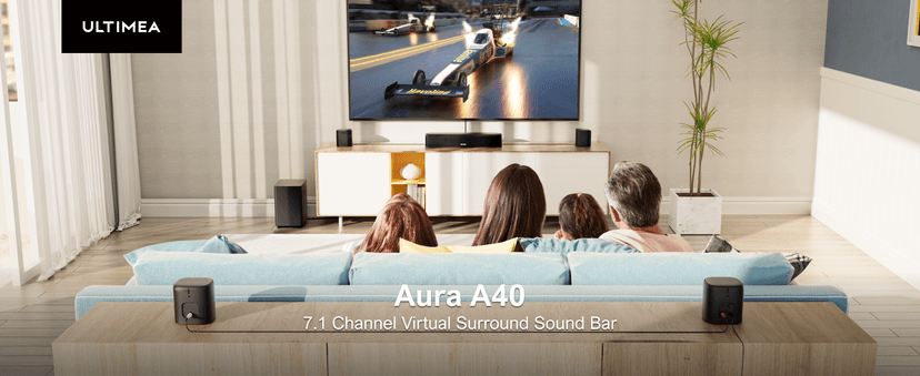 ULTIMEA 7.1ch Virtual Surround Sound Bar, Surround Sound System for TV, Sound Bar for Smart TV with 4 Surround Speakers, Peak Power 330W, App Control, TV Soundbar with Subwoofer, Opt/AUX/BT, Aura A40