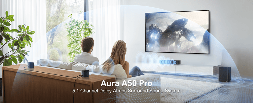 ULTIMEA 5.1ch Sound Bar with Dolby Atmos, Surround Sound System for TV, App Control, Home Theater Sound System, TV Soundbar with Subwoofer, 2 Surround Speakers, HDMI eARC/Opt/AUX/BT, Aura A50 Pro