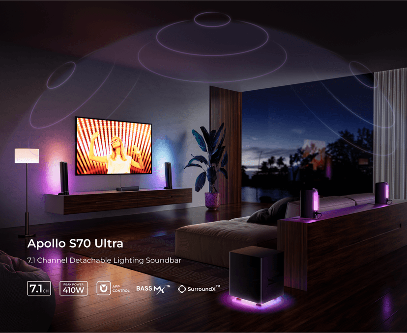 ULTIMEA 7.1ch Virtual Surround Sound Bar, Sound Bar for Smart TV with 2 Surround Speakers, Surround Sound System for TV with RGB, 6.5" Subwoofer, Peak Power 410W, App, HDMI/OPT/AUX/BT Apollo S70 Ultra