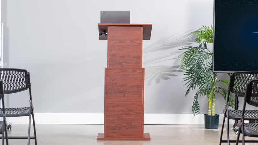 VIVO Pneumatic Height Adjustable Podium, Professional Presentation Lectern with 24 inch Platform and Storage Shelves, Dark Walnut, Stand-PDMH