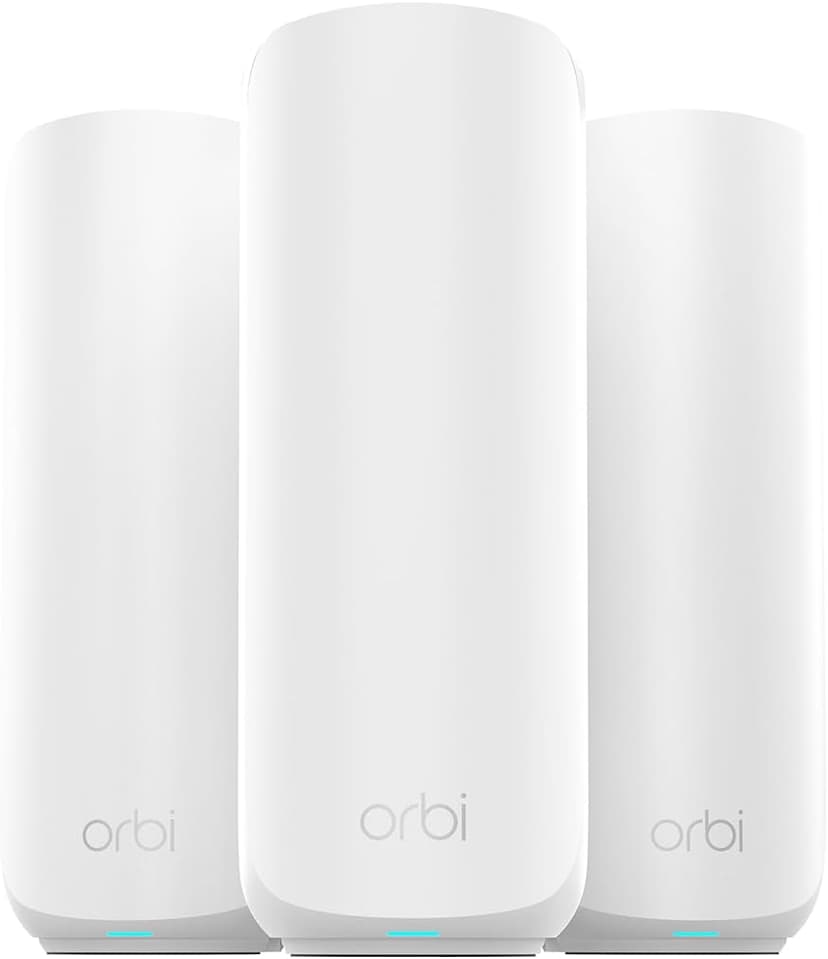 NETGEAR Orbi 370 Series Dual-Band WiFi 7 Mesh Network System for Home (RBE373) – Wireless Router + 2 Extenders, Security Features, 5 Gbps, Covers 6,000 sq.ft., 70 Devices, 2.5GB Internet Port, BE5000