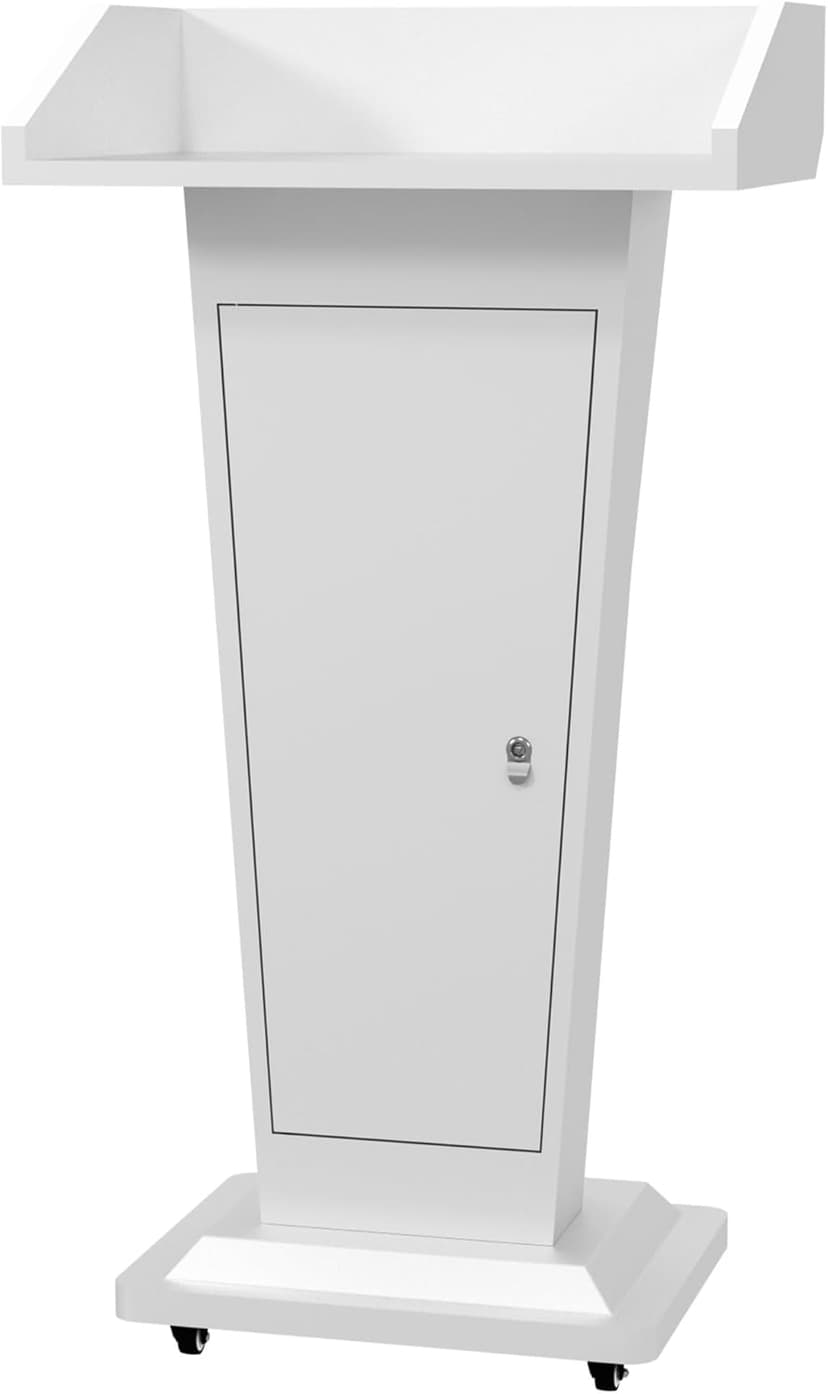 Heavy-Duty Black Metal Podium Stand with Lockable Wheels | Mobile Lectern with Storage Cabinet & Adjustable Height | for Conference Rooms, Churches, Classrooms & Events