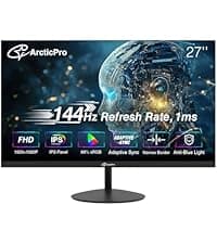27inch Computer Monitor, FHD 1080p, 144Hz Office and Gaming Monitor, IPS, Adaptive Sync, 110% sRGB, 1ms, 3-Sided Frameless, Ultra Slim, VESA Mountable, Anti-Blue Light Design, HDMI, DP