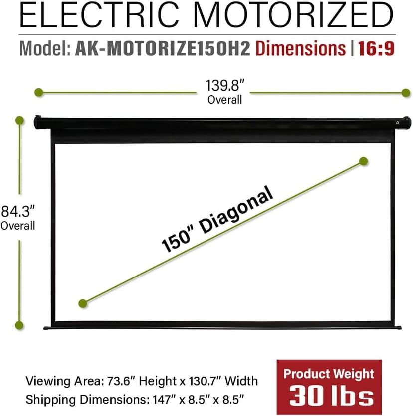 Akia Screens 150 inch Motorized Projector Screen Electric Drop Down Remote Controlled Ceiling Wall Mount Office Home Movie Theater AK-MOTORIZE150H2